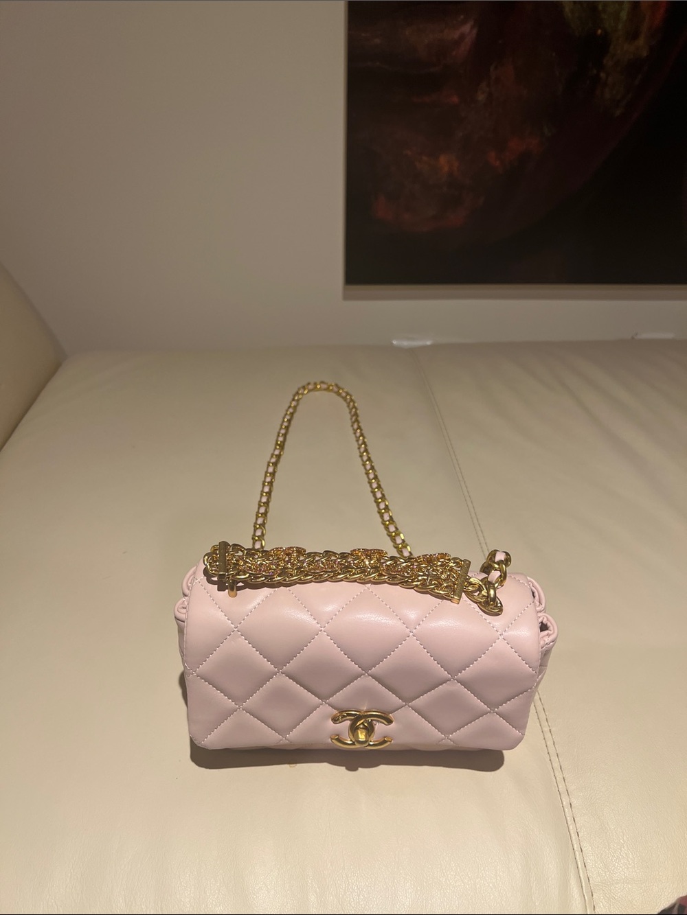 CHANEL Pink Quilted Mini Flap Bag with Gold & pink chain with pink rhinestones. - Picture 8 of 8